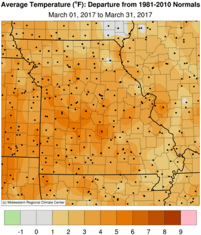 Average Temperature (°F) Departure from 1981-2010 Normals March 01, 2017 to March 31, 2017