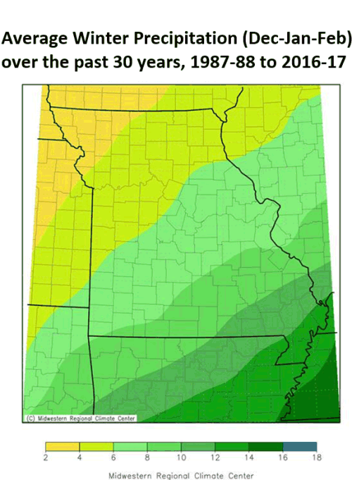 Average Winter Precipitation (Dec-Jan-Feb) over the past 30 years, 1987-88 to 2016-17