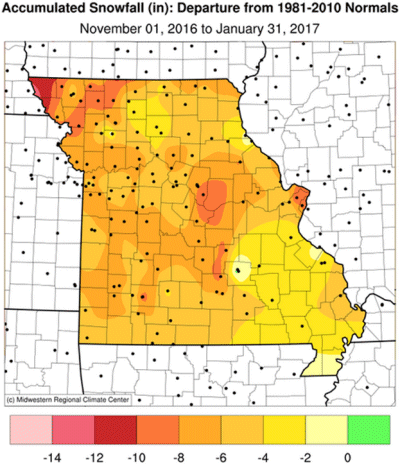 Accumulated Snowfall (in): Departure from 1981 - 2010 Normals (November 01, 2016 to January 31, 2017)