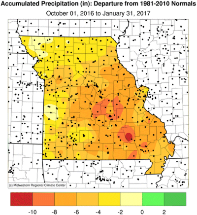 Accumulated Precipitation (in): Departure from 1981-2010 Normals October 01, 2016 to January 31, 2017