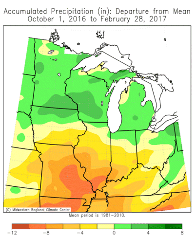 Accumulated Precipitation (in): Departure from Mean October 01, 2016 to February 28, 2017