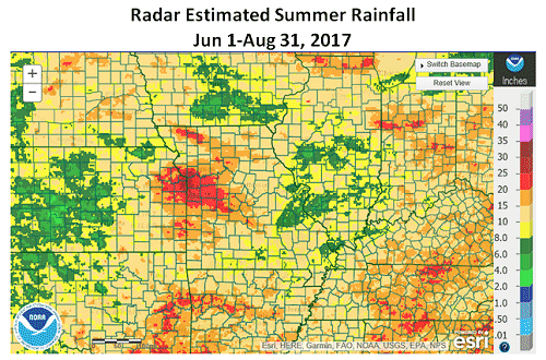 Radar Estimated Summer Rainfall Jun 1-Aug 31