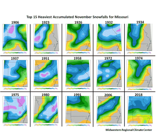 Top 15 Heaviest Accumulated November Snowfalls for MO