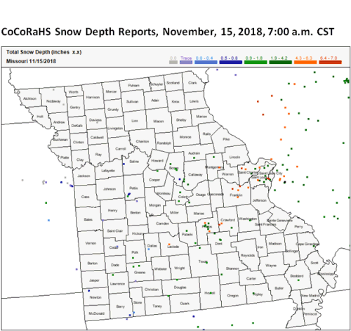 CoCoRaHS Snow Depth Reports, November 15, 2018, 7 a.m.
