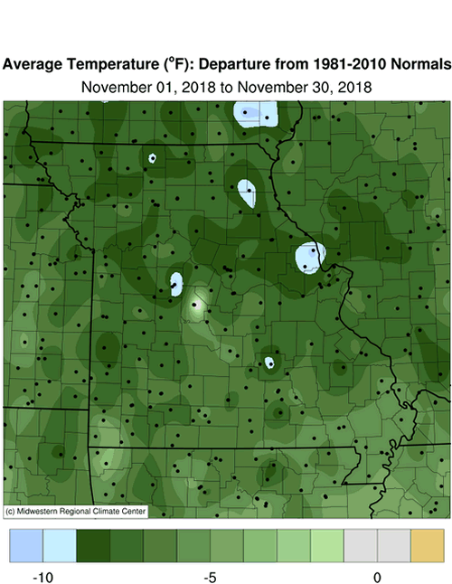 Missouri Average Temperature Departure: November 1 to November 30, 2018