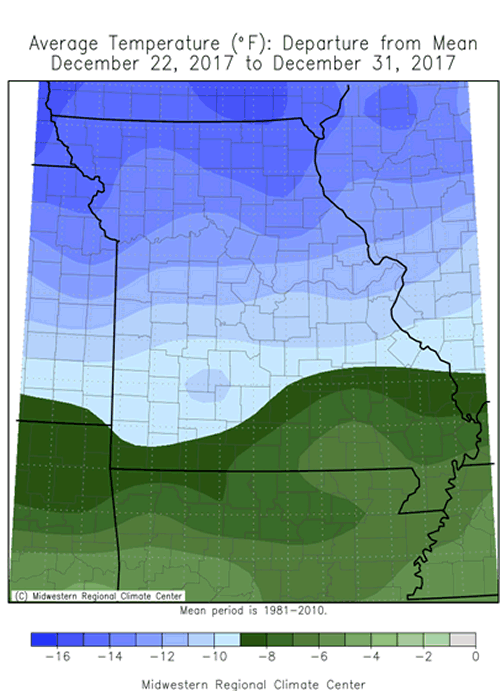 Average Temperature Departure from Mean December 22, 2017 to December 31, 2017