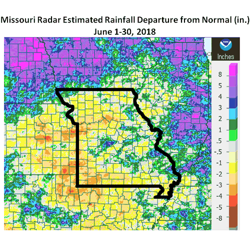 Missouri Radar Estimated Rainfall Departure from Normal (in.) June 1-30, 2018