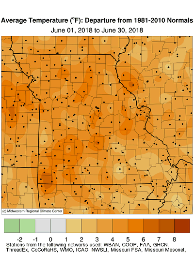 Average Temperature (°F) Departure from 1981-2010 Normals June 01, 2018 to June 30, 2018