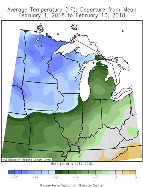 Average Temperature Departure from Mean February 1, 2018 to February 13, 2018