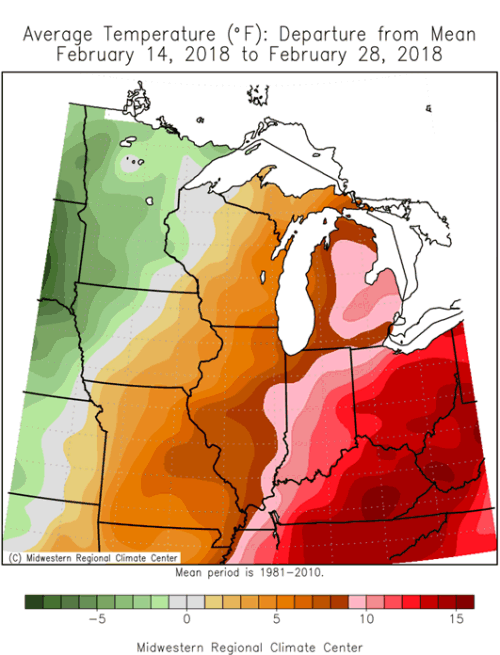 Average Temperature Departure from Mean February 14, 2018 to February 28, 2018