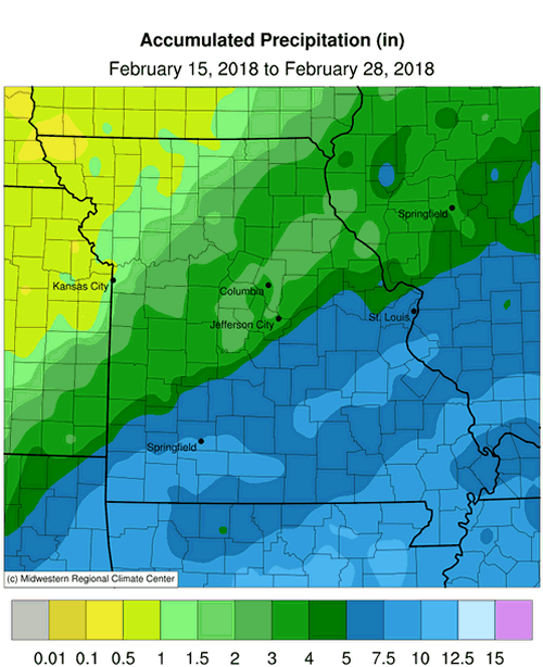 Missouri Accumulated Precip. February 15, 2018 to February 28, 2018