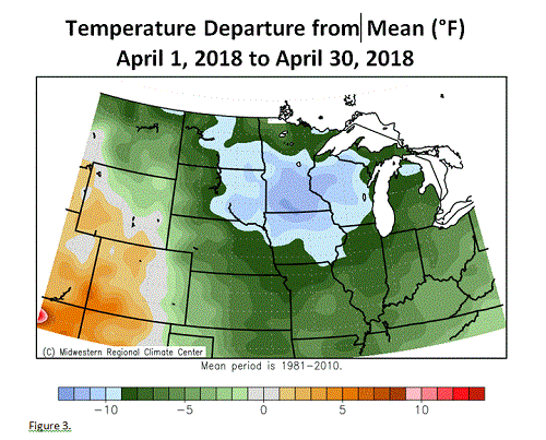 Temperature Departure from Mean (F) April 1, 2018 to April 30, 2018 