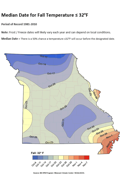 Median Date for Fall Temperature at or below 32