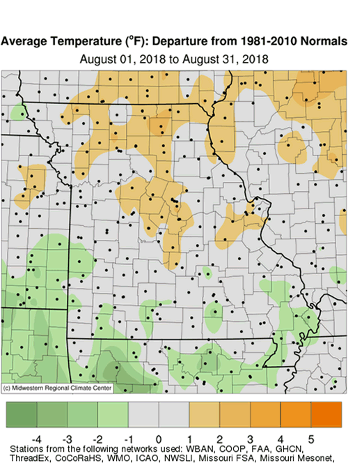 Average Temperature (°F) Departure from 1981-2010 Normals August 01, 2018 to August 31, 2018