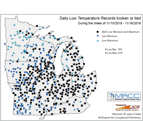 Daily Low Temp Records Broken Nov 11 - 16, 2019