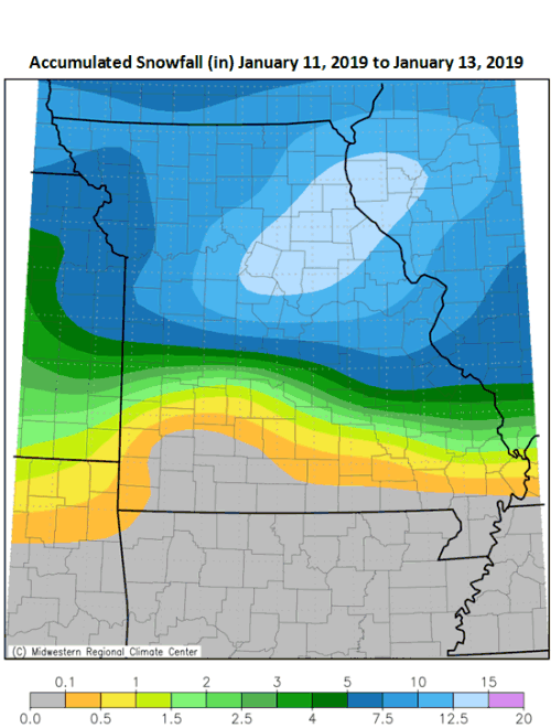 Accumulated Snowfall (in) January 11 to January 13, 2019