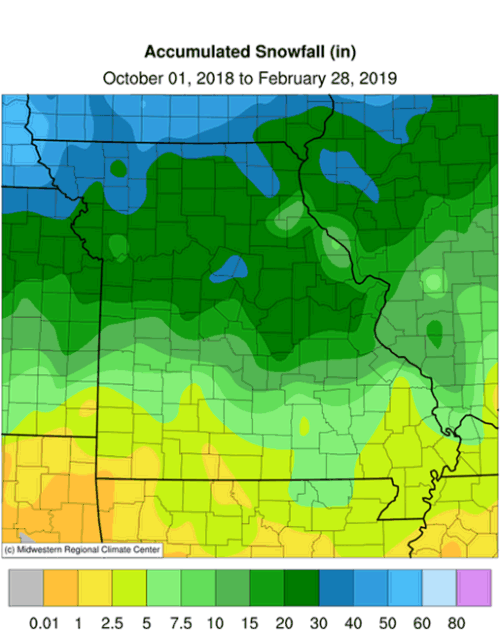 Accumulated Snowfall (in) October 1 to February 28, 2019