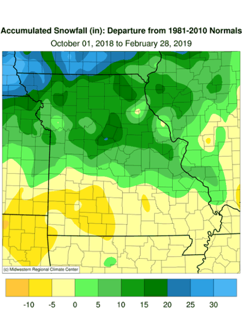 Accumulated Snowfall (in): Departure from 1981-2010 Normals October 1 to February 28, 2019