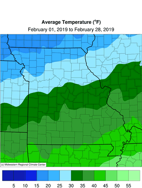 Missouri Average Temp: February 1 to February 28, 2019