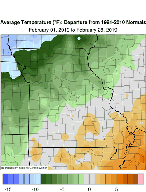 Missouri Average Temp Departure: February 1 to February 28, 2019