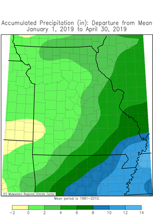 Missouri Accumulated Precip Departure January 1, 2019 to April 30, 2019