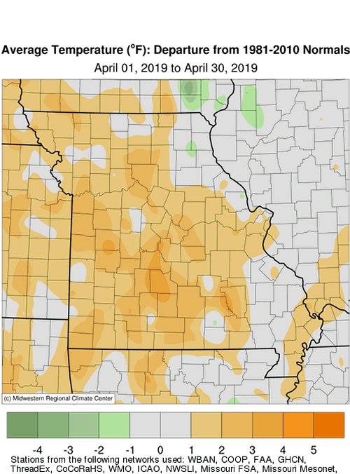 Missouri Average Temperature Departure April 2019