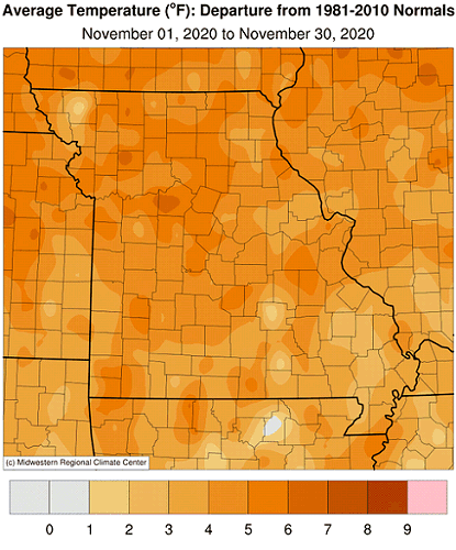 Average Temperature (°F): Departure from 1981-2010 Normals November 01, 2020 to November 30, 2020