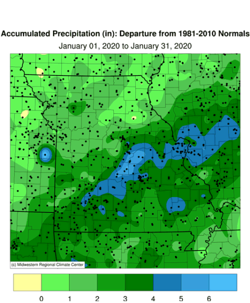 Missouri Accumulated Precipitation Departure January 2020