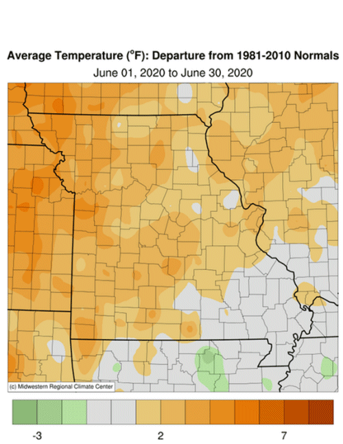 Average Temperature (°F) Departure: Jun 01, 2020 to Jun 31, 2020