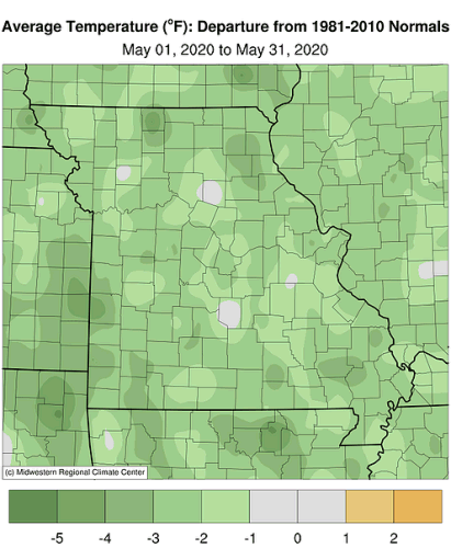 Average Temperature (°F): Departure from 1981-2010 Normals May 01, 2020 to May 31, 2020