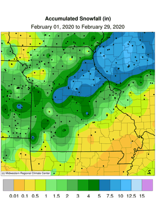 Accumulated Snowfall Feb 1-29, 2020