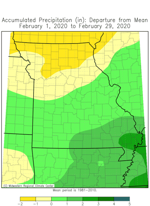 Missouri Accumulated Precipitation Departure February 2020