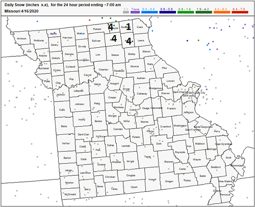 Daily Snowfall for the 24-hr period ending 7:00 a.m. CDT, April 16, 2020