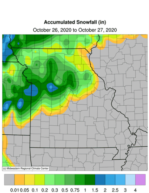Accumulated Snowfall (in) Oct 26-27, 2020