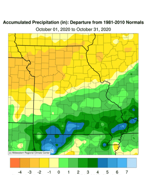 Accumulated Precip (in) Departure: Oct 01, 2020 to Oct 31, 2020