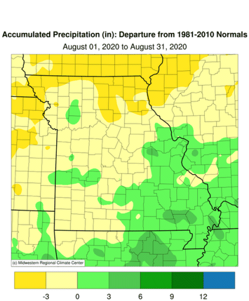 Accumulated Precip Departure Missouri August 2020