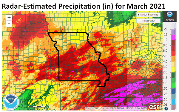 Radar-Estimated Precipitation (in) for March 2021