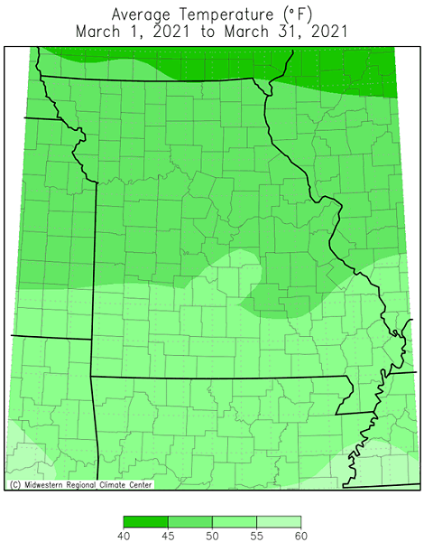 Average Temperature (°F) March 1, 2021 to March 31, 2021