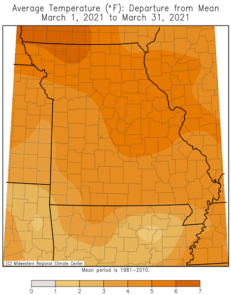 Average Temperature (°F): Departure from Mean March 1, 2021 to March 31, 2021