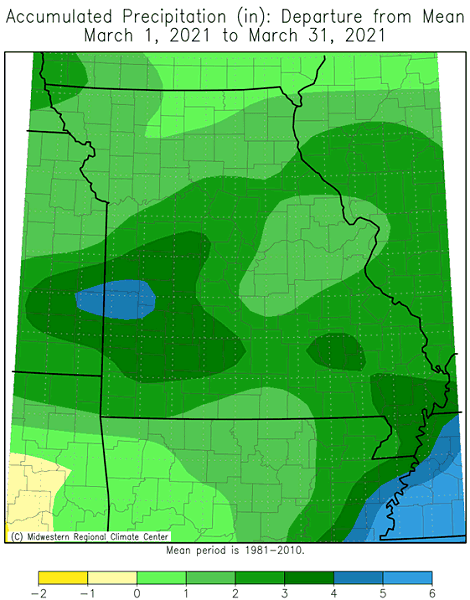 Accumulated Precipitation (in): Departure from Mean March 1, 2021 to March 31, 2021