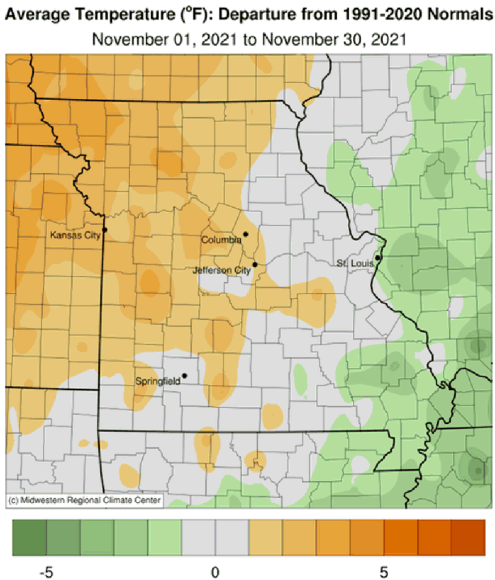 Average Temperature (°F): Departure from 1991-2020 Normals November 01, 2021 to November 30, 2021