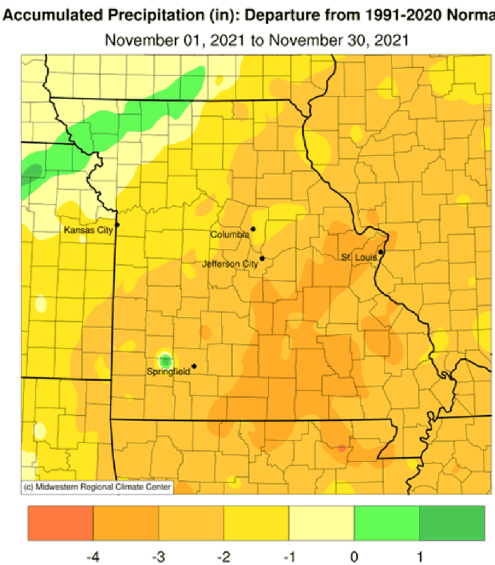 Accumulated Precipitation (in): Departure from 1991-2020 Normals November 01, 2021 to November 30, 2021