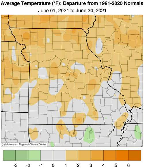 Average Temperature (°F): Departure from 1991-2020 Normals June 01, 2021 to June 30, 2021