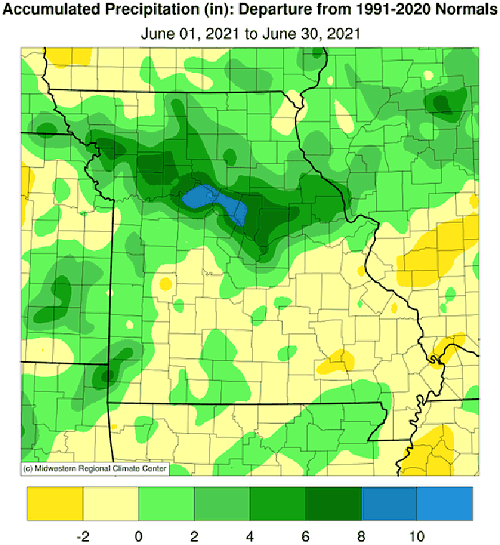 Accumulated Precipitation (in): Departure from 1991-2020 Normals June 01, 2021 to June 30, 2021