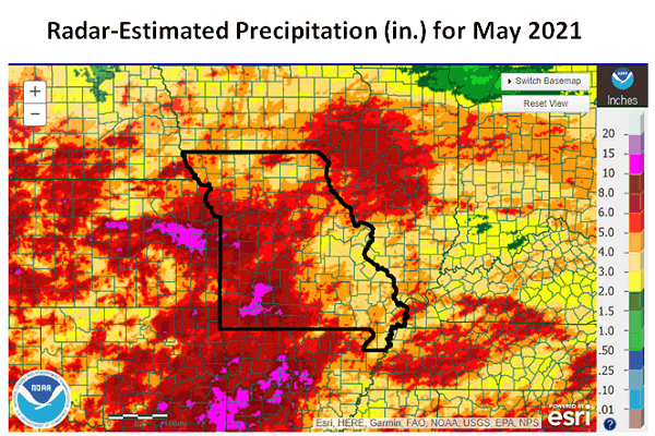 Radar-Estimated Precipitation (in.) for May 2021