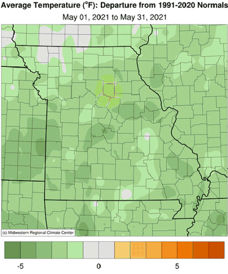 Average Temperature (°F): Departure from 1991-2020 Normals May 01, 2021 to May 31, 2021
