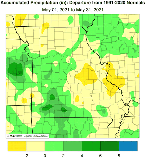 Accumulated Precipitation (in): Departure from 1991-2020 Normals May 01, 2021 to May 31, 2021