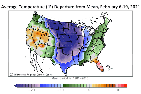Average Temperature (°F) Departure from Mean, February 6-19, 2021