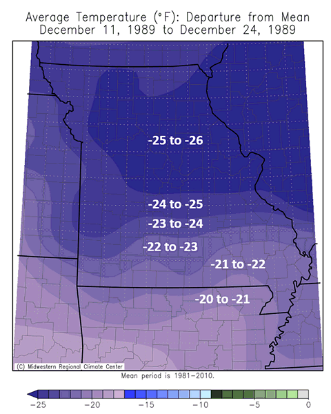 Average Temperature (°F): Departure from Mean December 11, 1989 to December 24, 1989