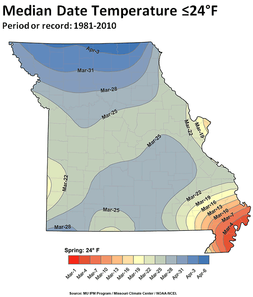 Median Date Temperature ≤24°F Period or record: 1981-2010